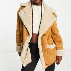 Bershka oversized tan shearling detail car coat